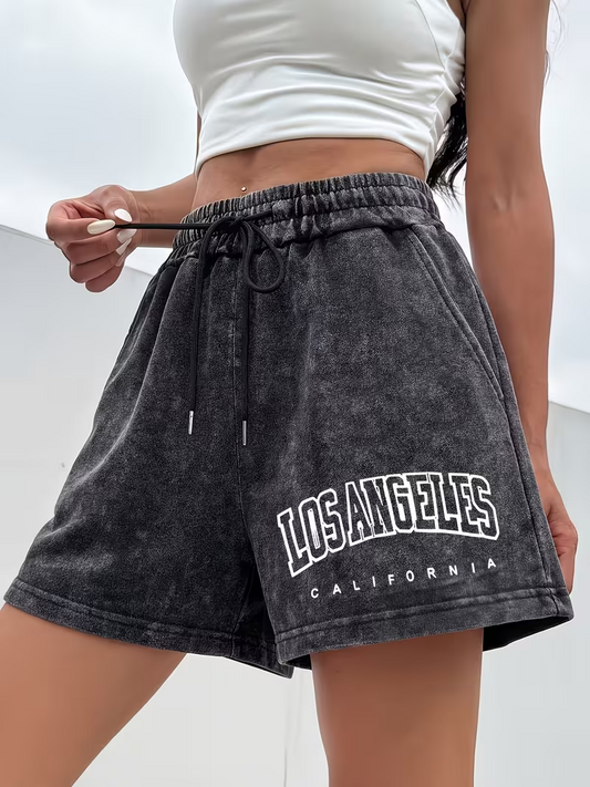 Los Angeles Letter Print Washed Women's Y Casual Shorts with Elastic Drawstring Waist