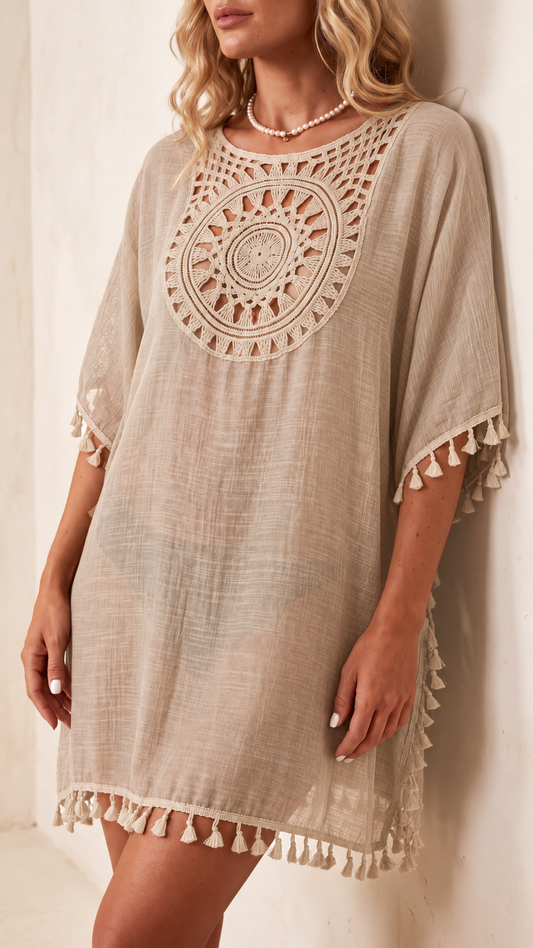 Women'S  Reversible Lace Sleeve Tassel Hem Beach Vacation Cover-Up