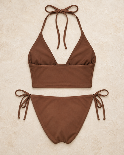 Brown Floral Patterned Tie-Up Tankini Covered Regular Waist Brazilian Bikini Set