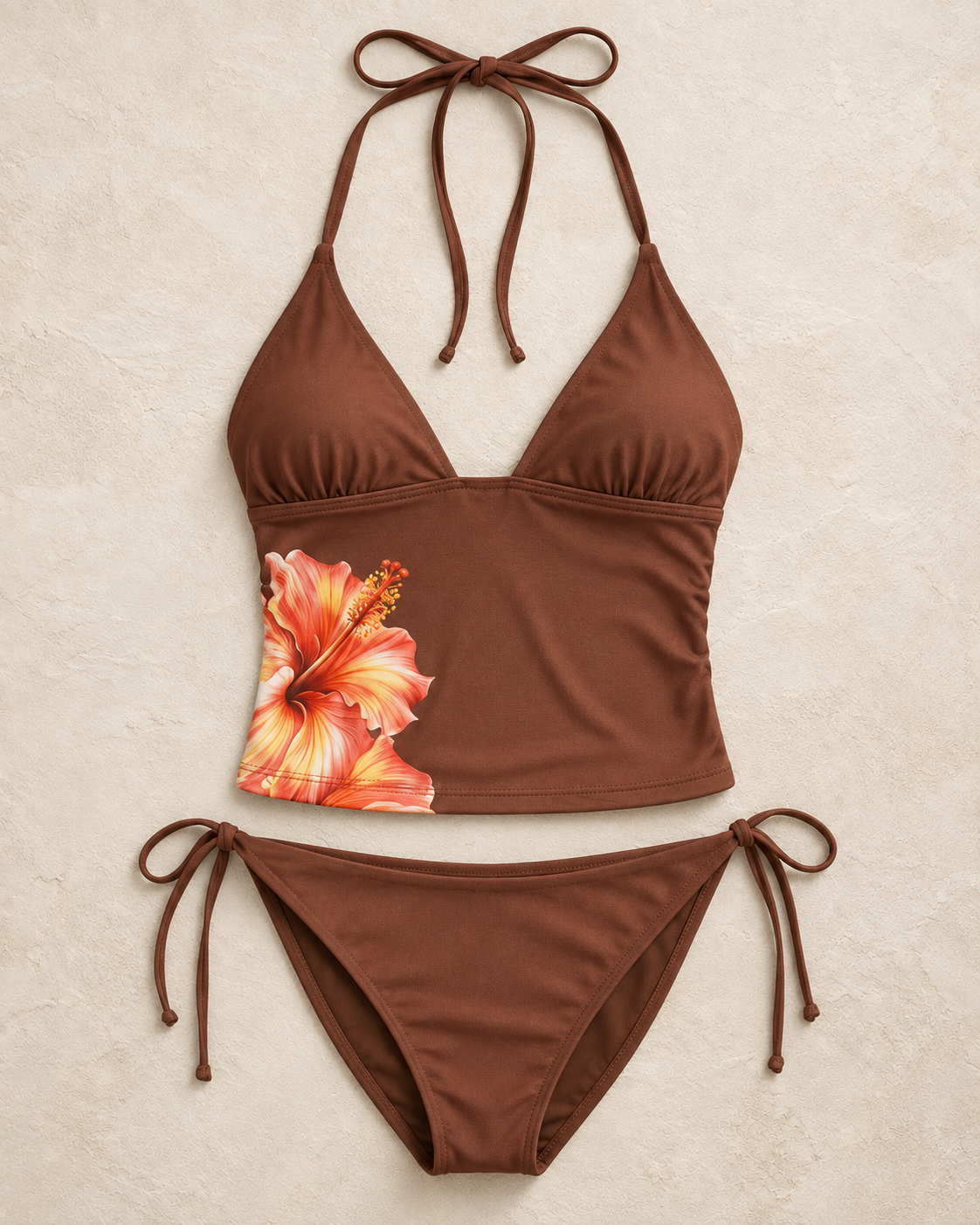 Brown Floral Patterned Tie-Up Tankini Covered Regular Waist Brazilian Bikini Set