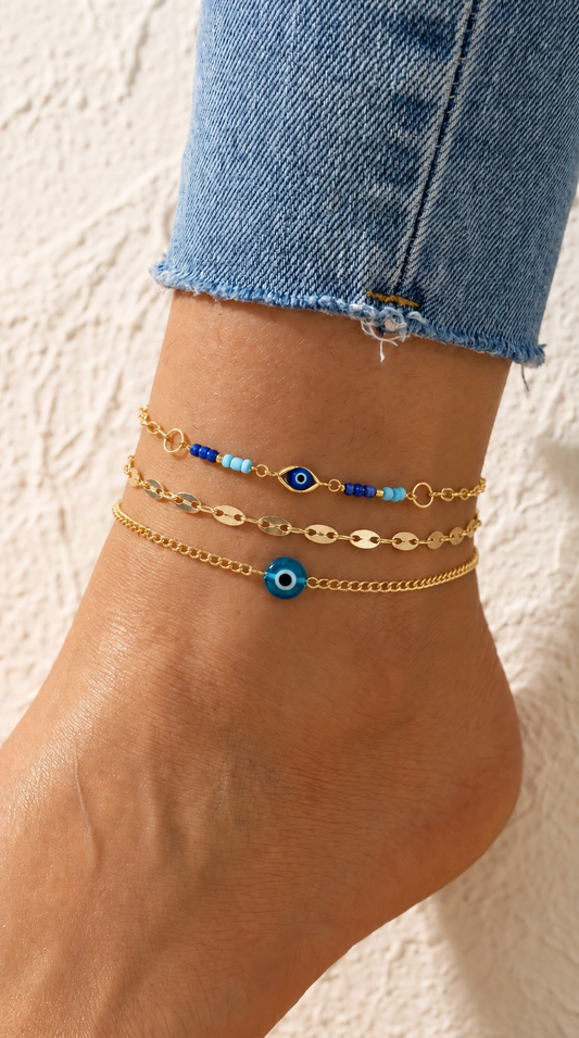 Set of 3 Blue Evil Eye Adjustable Anklets