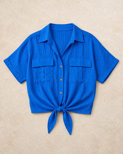Front Tie Detail Double Pocket Shirt Baby Blue