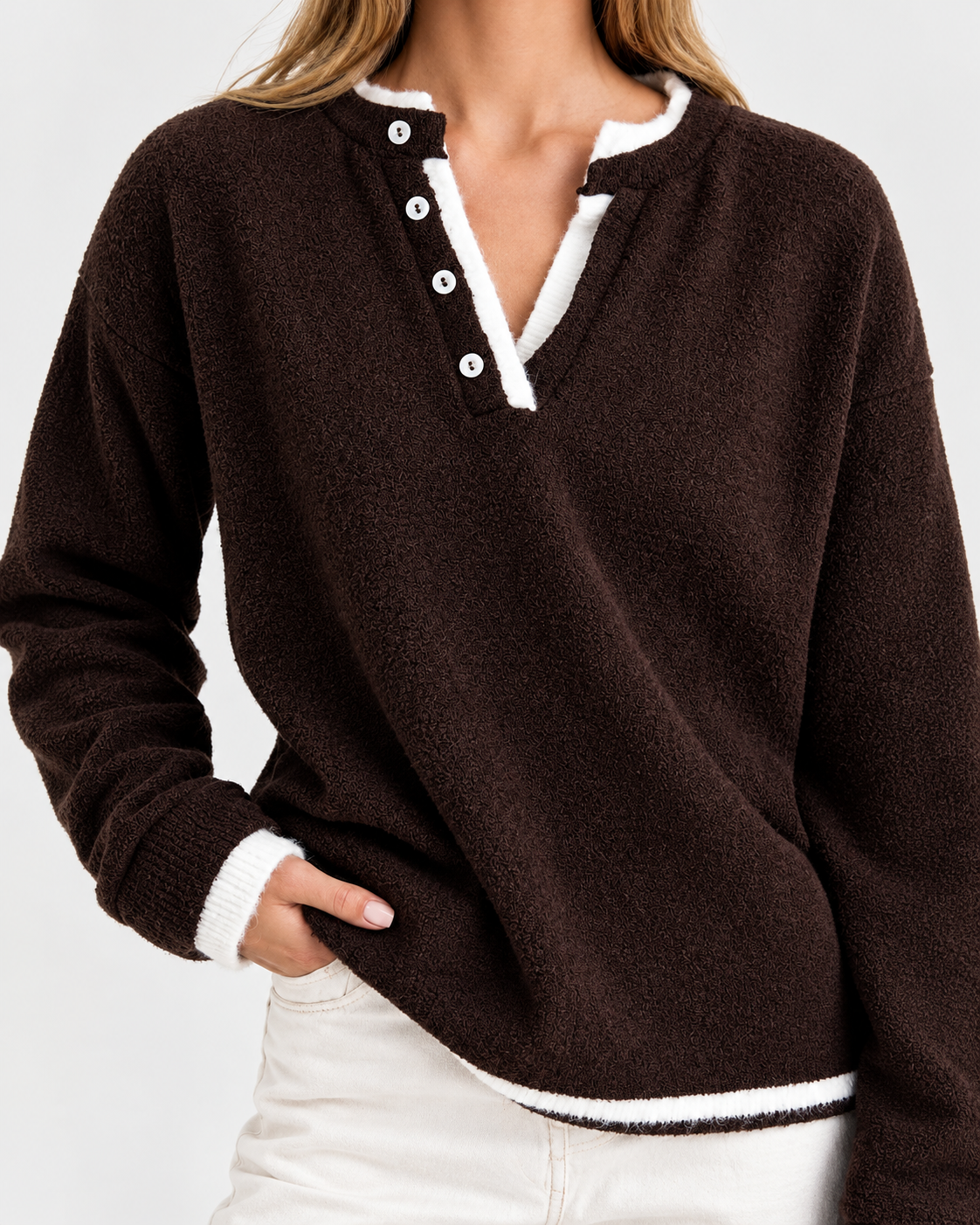 Brown Soft Textured Double Collar Detail Oversize Knit Sweater