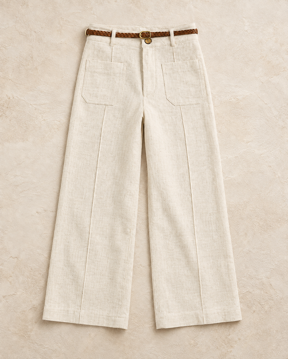 Women's Beige Knitted Belted Culotte Pants