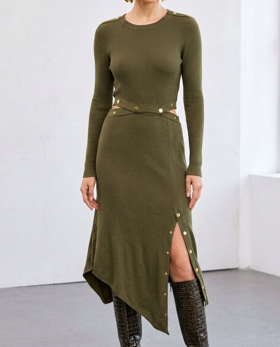 Khaki Mercerized Look Midi Knit Long Dress with Snap Button Details