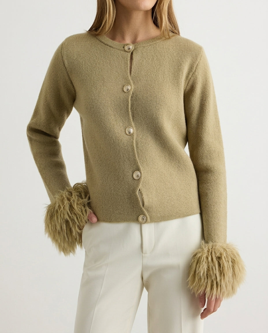 Khaki Soft Textured Crop Knit Cardigan with Feather and Button Details