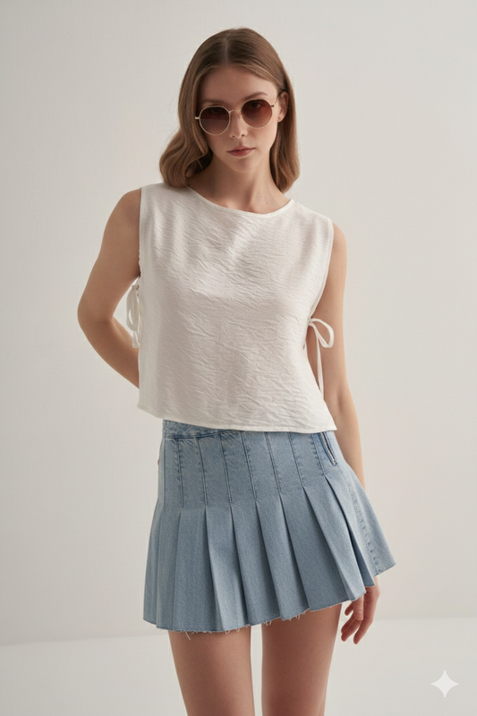 Pleated Detail Denim Skirt Blue