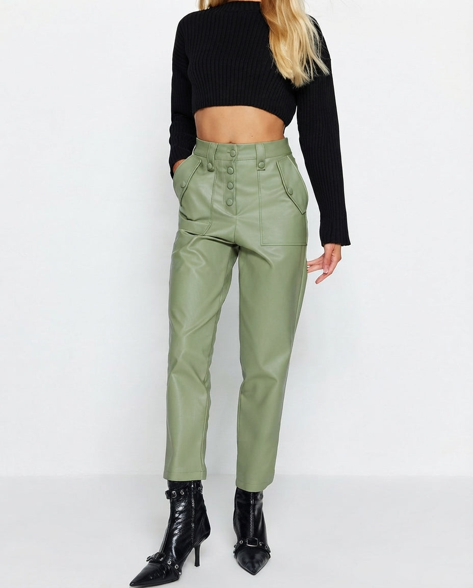 Limited Edition Green Carrot Woven Front Button Faux Leather Trousers