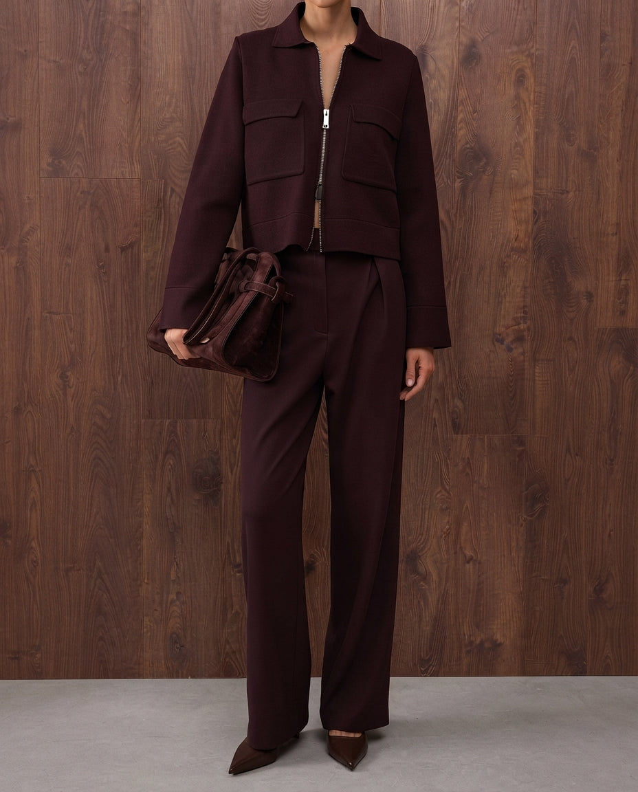 Special Collection Brown Cotton Blend Polo Collar Pocket Detail Crop Knit Cardigan