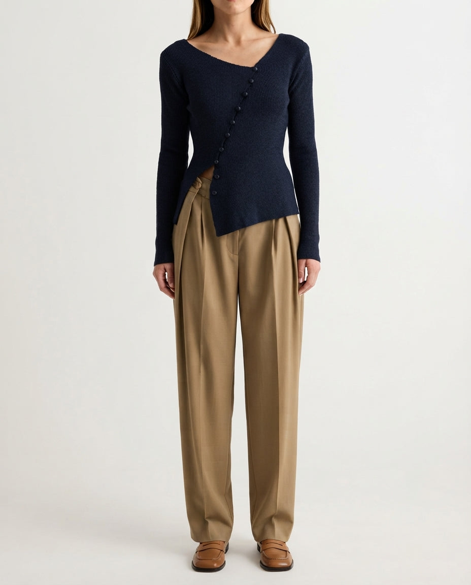 Navy Fitted Asymmetrical Closure Detail Knit Sweater