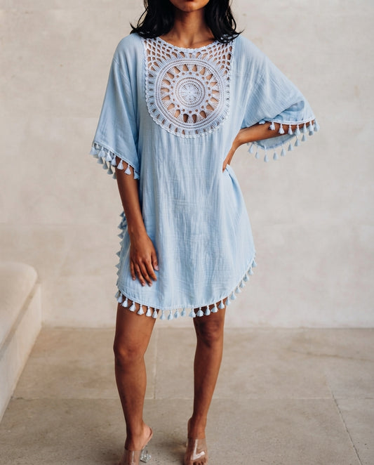 Women'S  Reversible Lace Sleeve Tassel Hem Beach Vacation Cover-Up