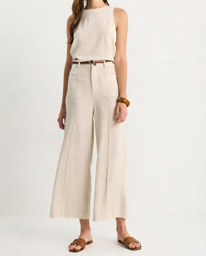 Women's Beige Knitted Belted Culotte Pants