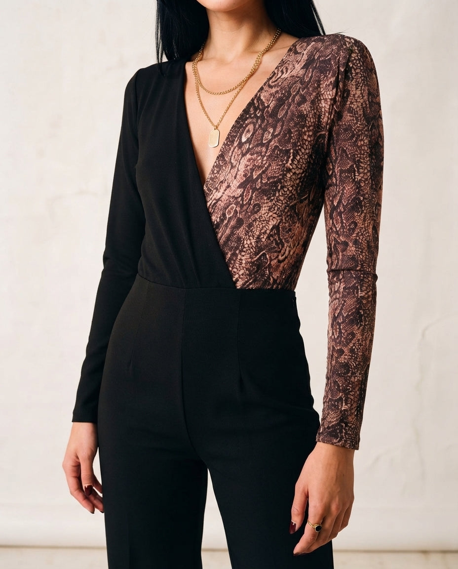 Black Color Block Animal Patterned Double Breasted Collar Flexible Snap Fastener Knitted Body