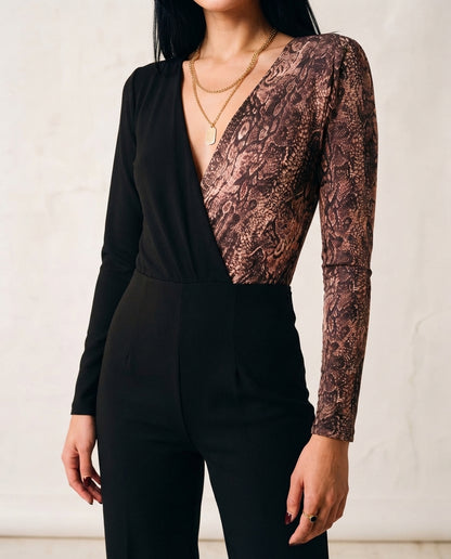 Black Color Block Animal Patterned Double Breasted Collar Flexible Snap Fastener Knitted Body