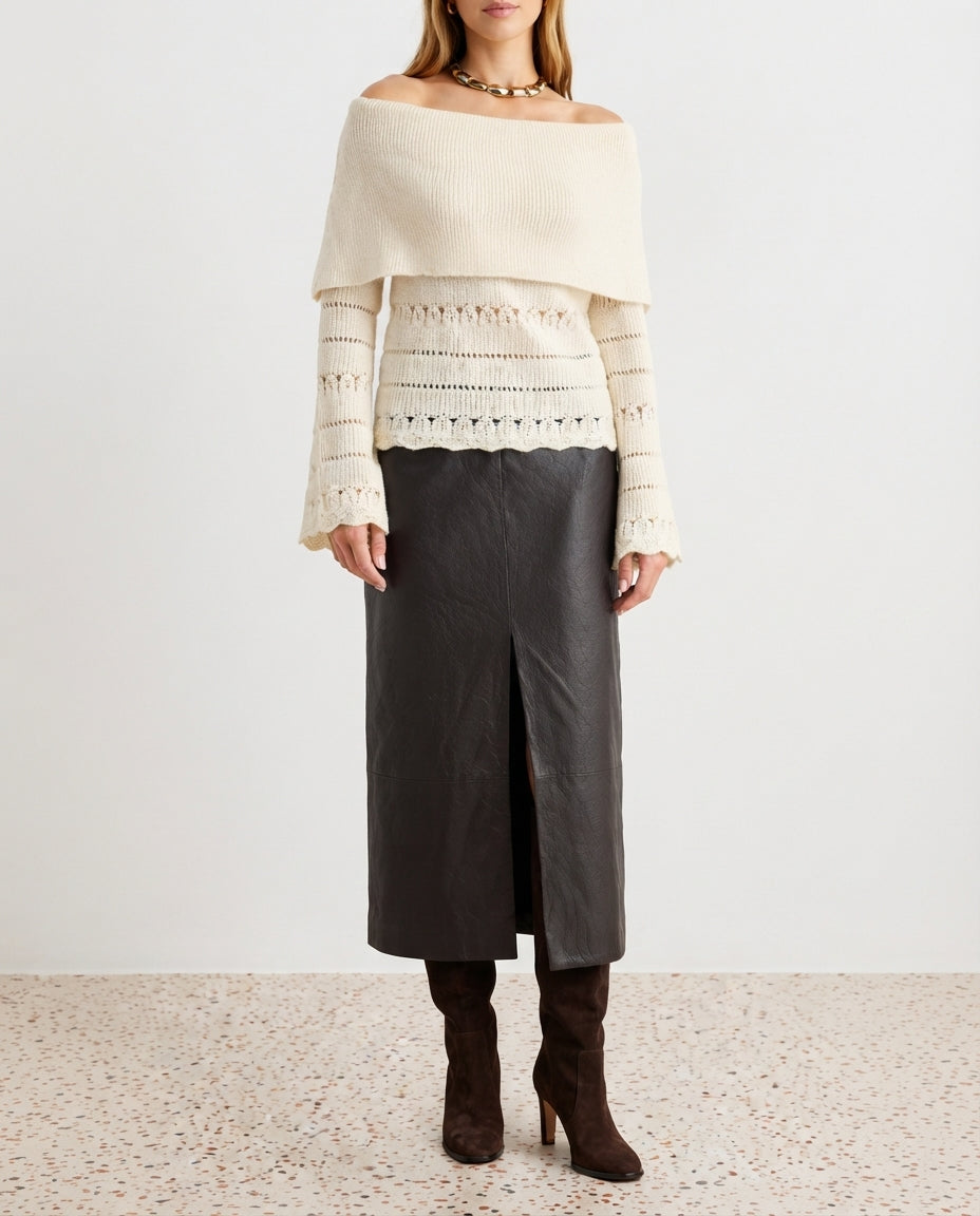 Bone Soft Textured Carmen Collar Openwork/Perforated Knit Sweater