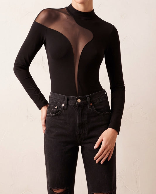 Black Transparent Detail Knitted Tulle Bodysuit