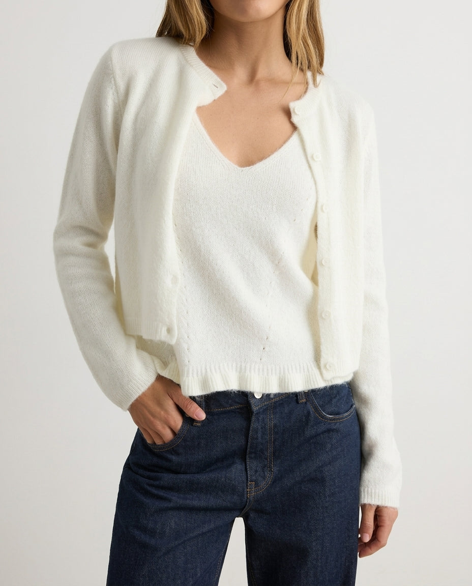 Ecru Ruffled Hem Tank Top-Cardigan Knit Set