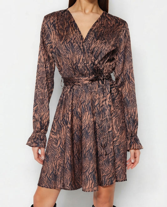 Brown Belted Animal Patterned Double Breasted Collar Woven Dress