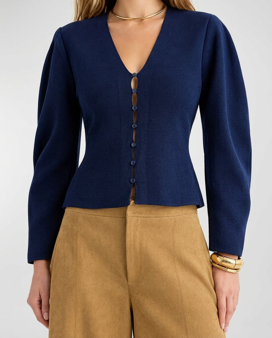 Navy Premium Yarn/Special Yarn Wide-Sleeve Knit Cardigan