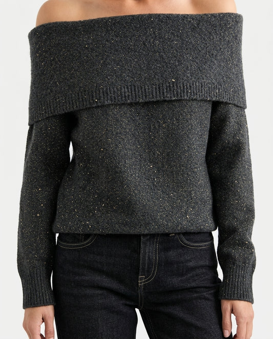 Anthracite Soft Textured Carmen Neck Knit Sweater