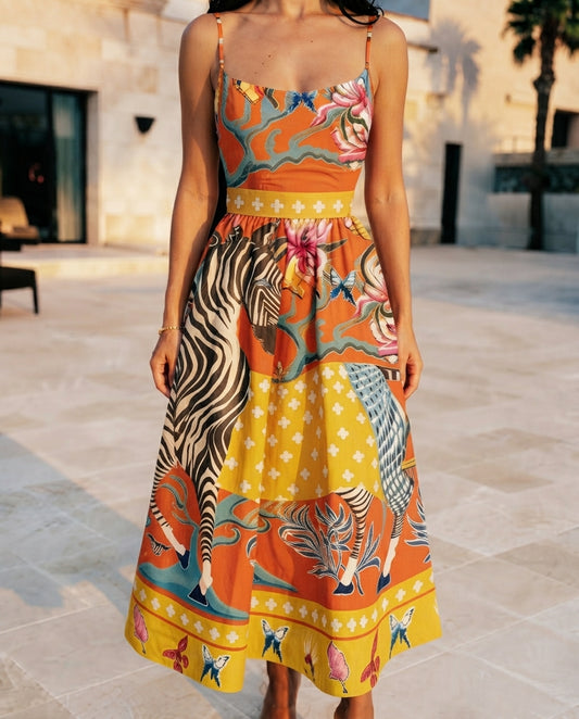 Colorful Zebra and Floral Print Camisole Dress, Youthful Women's Elegant Bohemian