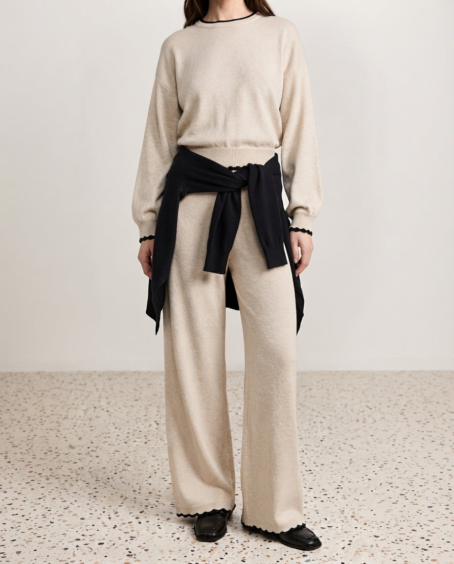 Stone Patterned Sweater and Pants Striped Color Block Knit Top and Bottom Set