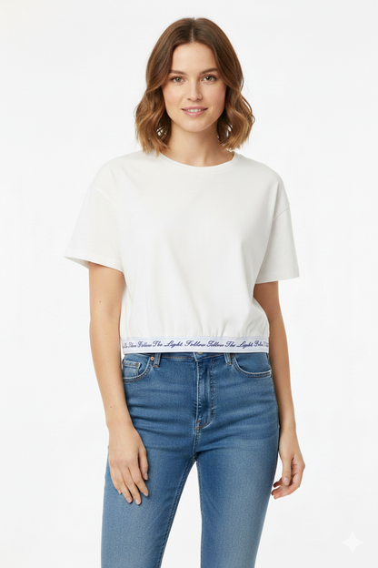 Short-Sleeve T-Shirt with Elastic Waist Detail, Ecru