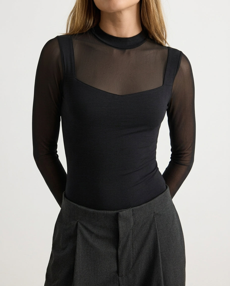 Black Slim Fit Long Sleeve High Neck Snap Button Bottom Elastic Knit Bodysuit
