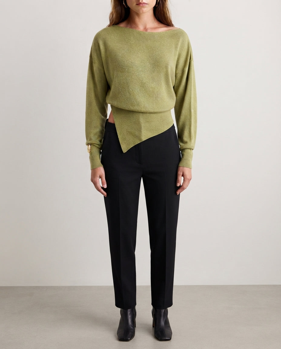 Olive Green Mercerized Look Boat Neck Slit Detail Knit Sweater