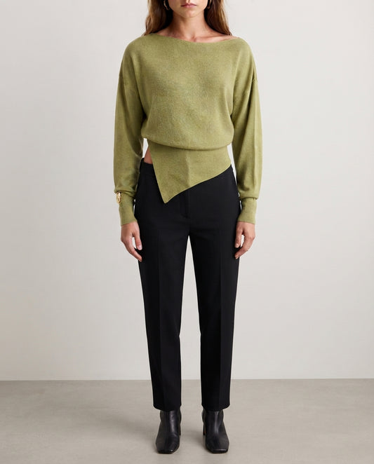 Olive Green Mercerized Look Boat Neck Slit Detail Knit Sweater