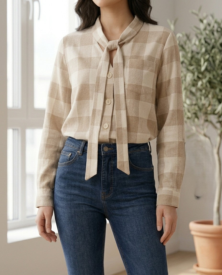 Thick Beige striped shirt with a drawstring collar.