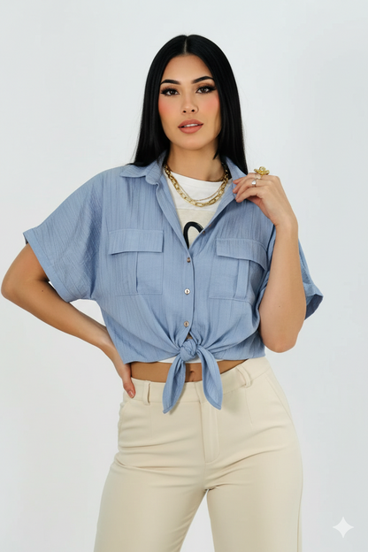 Front Tie Detail Double Pocket Shirt Baby Blue