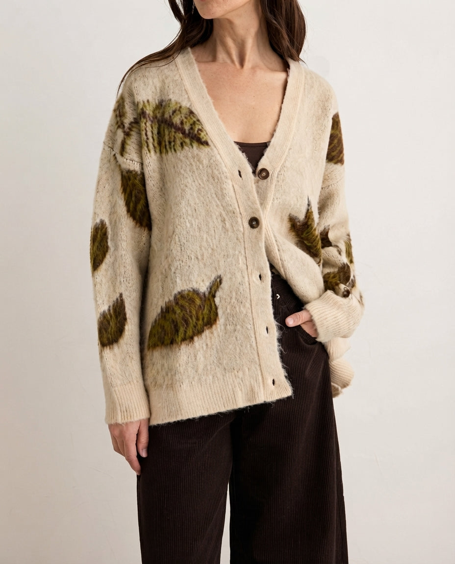 Off-White Soft Textured Floral Loose Fit Knit Cardigan
