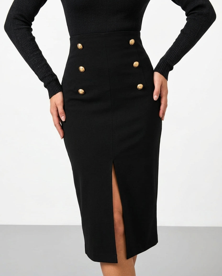 Black Smart Scuba Crepe Buttoned Midi Skirt with Slit and Stretch Knit