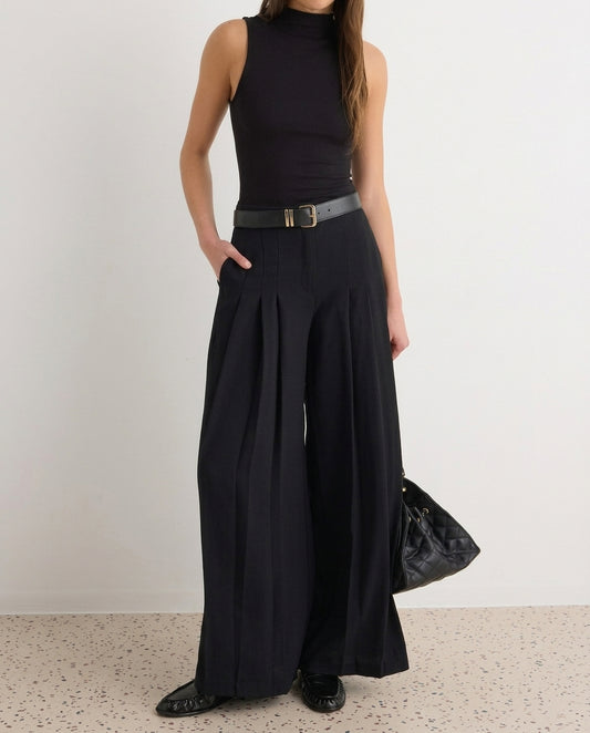 Black Pleated Wide Leg Trousers