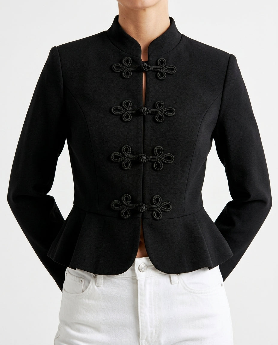 Black Blazer Jacket with Decorative Button Closure
