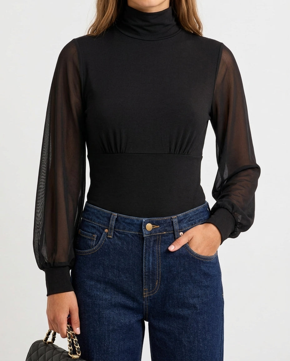 Black Tulle Sleeve Detail High Neck Snap Button Stretch Knit Bodysuit
