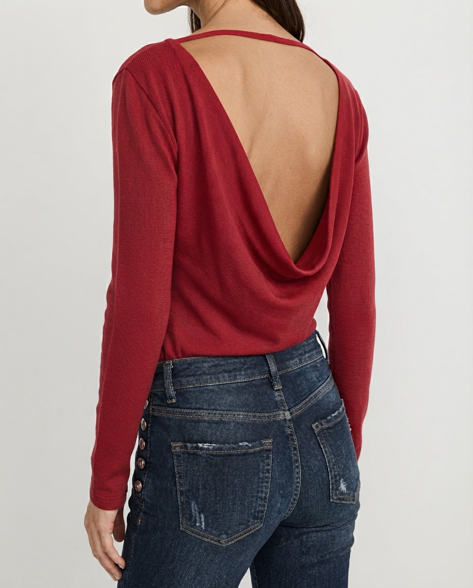 Red Plain Fitted Boat Neck Backless Long Sleeve Snap Button Knitted Bodysuit