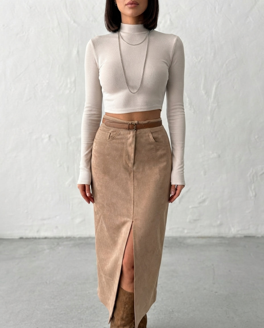 Mink Front Slit Suede Midi Knitted Pencil Skirt