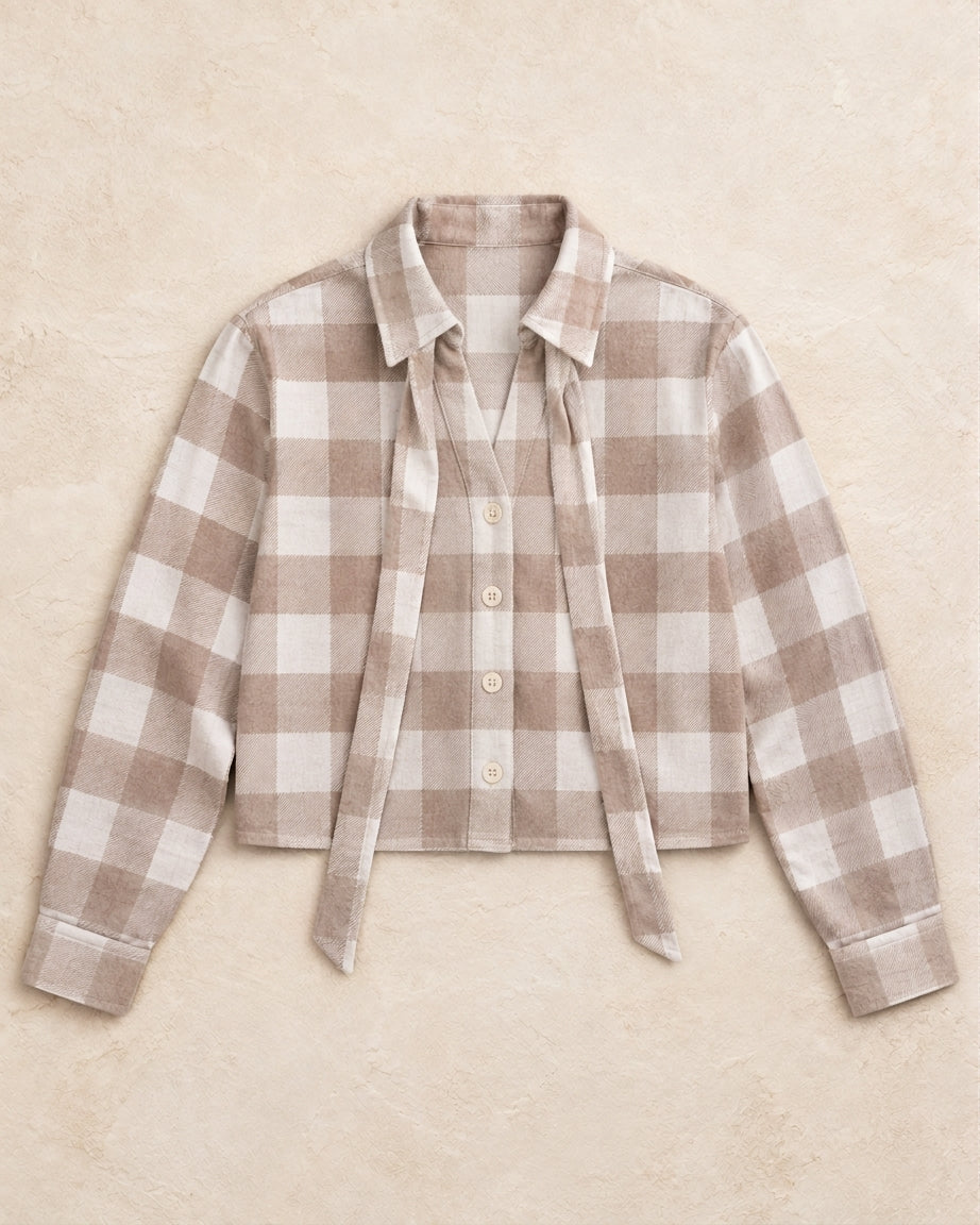 Thick Beige striped shirt with a drawstring collar.