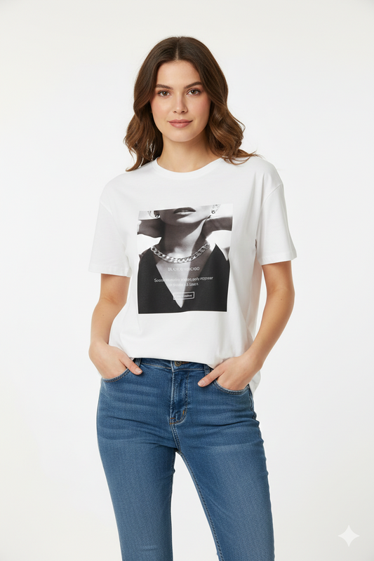 Printed Oversize T-Shirt with Chain Accessory, Ecru
