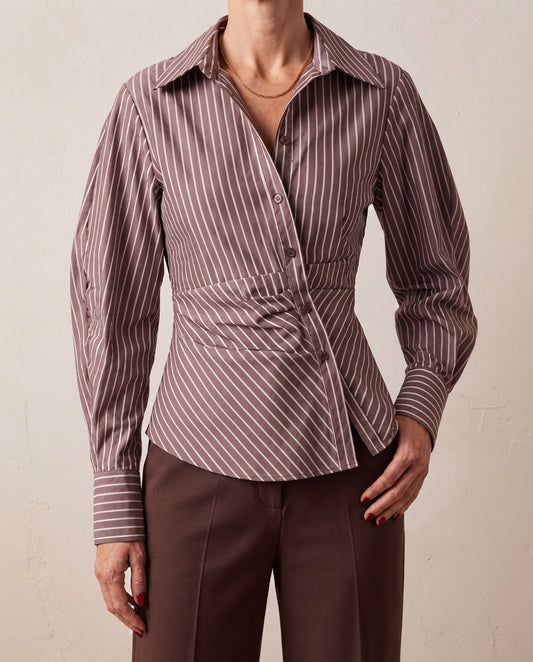Brown Asymmetric Fitted Shirt with Balloon Sleeve Detail and Waistband