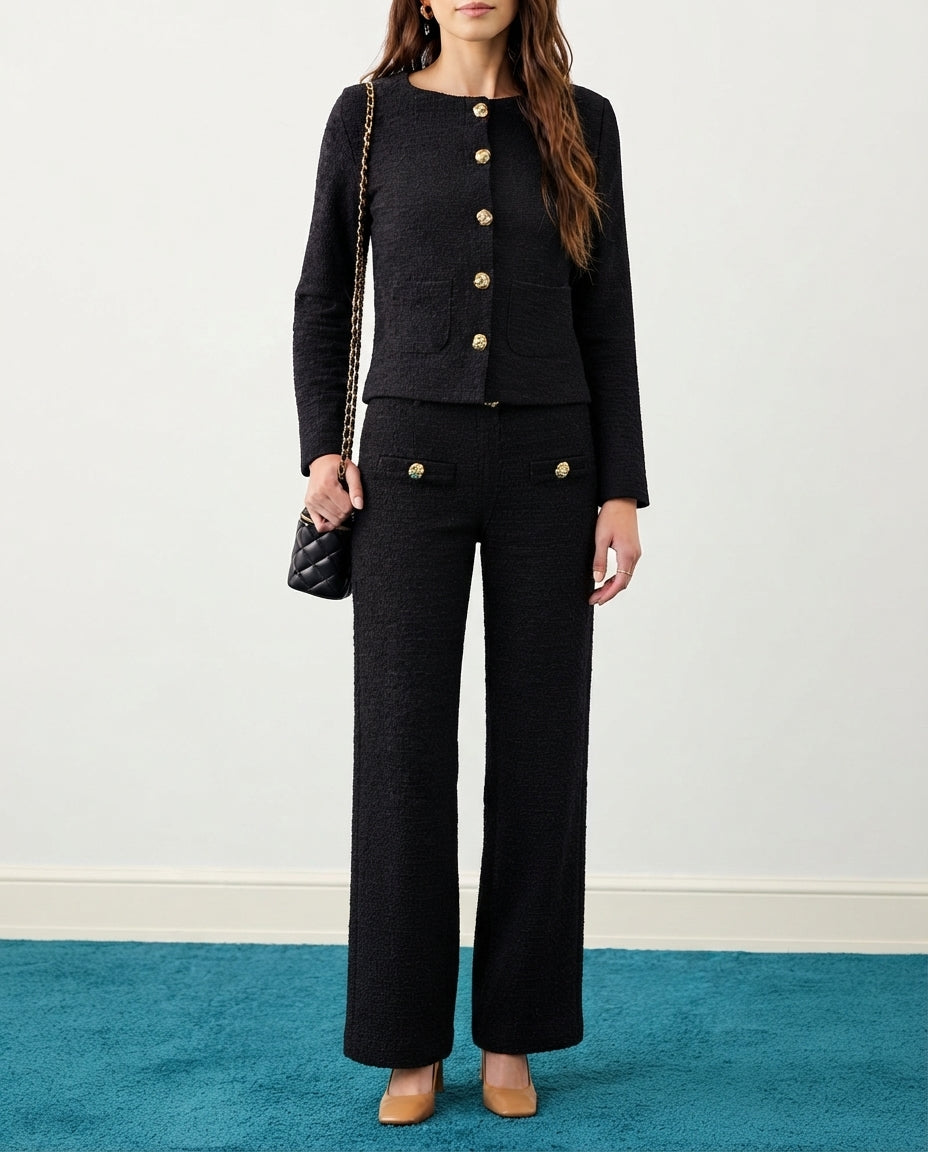 Limited Edition Black Plain Regular/Normal Fit Buttoned Long Sleeve Tweed Knit Blouse