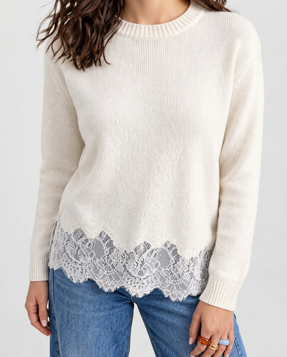 Ecru Lace Detail Crew Neck Knit Sweater