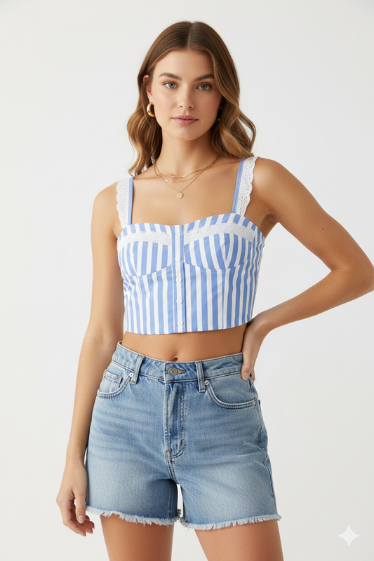 Embroidery Detailed Crop Blouse Blue