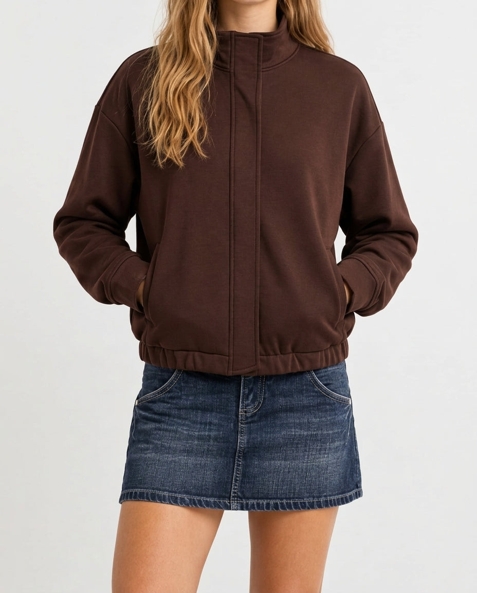 Brown Thick Fleece-Lined Oversize Stand-Up Collar Zip-Up Knitted Cardigan/Sweatshirt