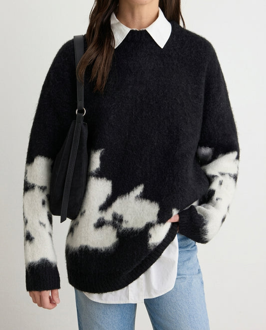 Black Floral Embroidered Thick Oversize Knit Sweater