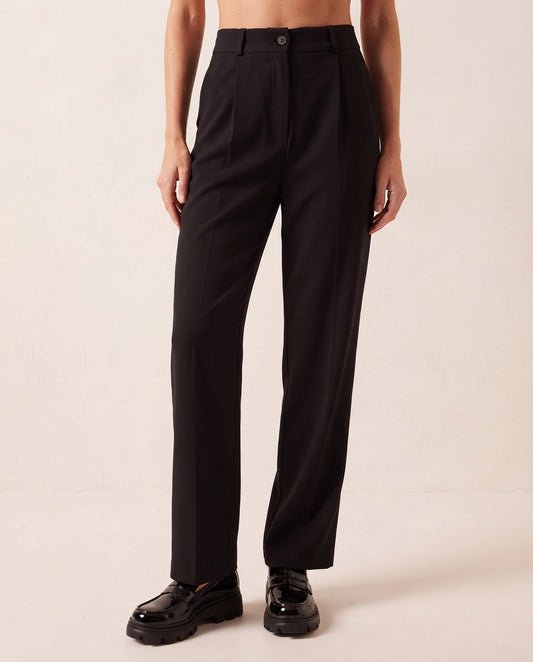 Black High Waist Wide Leg Pleated Woven Fabric Trousers