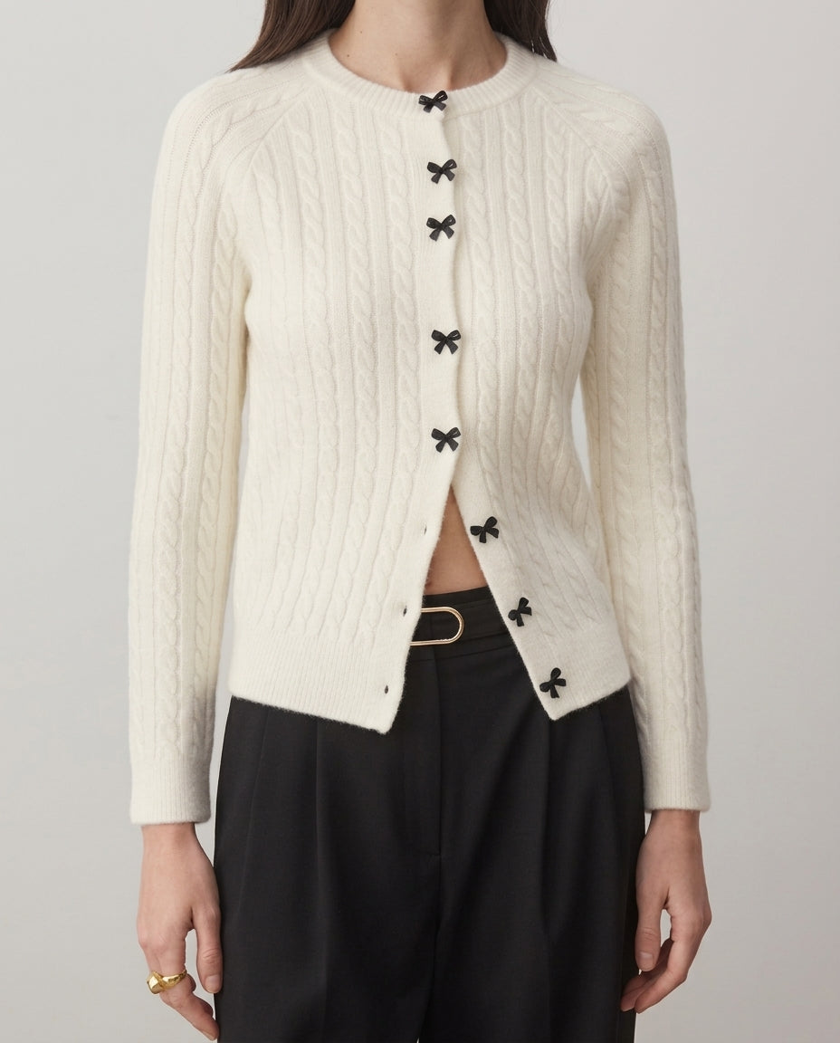 Off-White Soft Textured Ribbon Buttoned Knit Cardigan