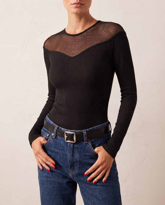 Black Slim Fit Tulle Detail Heart Neckline Bottom Snap Button Ribbed Stretch Knit Bodysuit